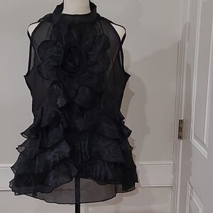 The Moon Black Ruffled Organza Floral Cocktail Dress